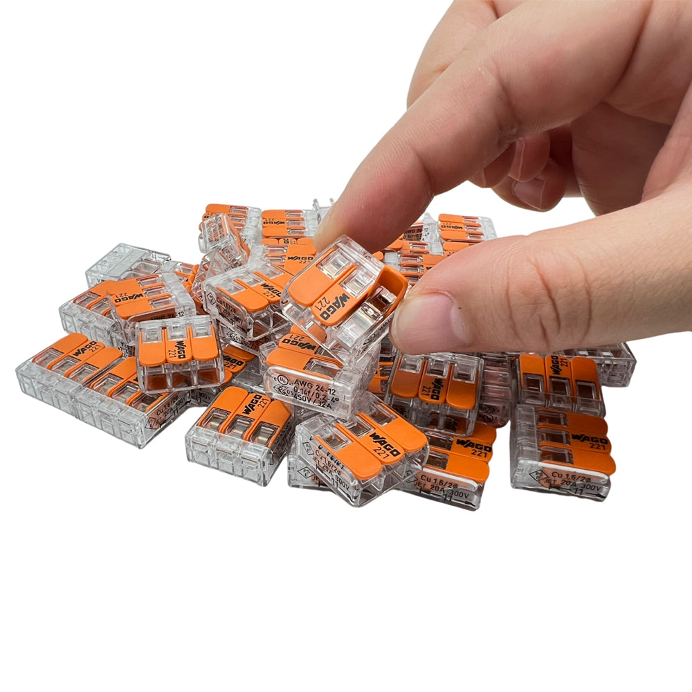 Wago 221 - Set Di Morsetti Di Collegamento Con Leva 221-412, 221-413, 221-415, 75 Pezzi Di Connettori Per Cavi In Un Cartone Richiudibile, Originale Wago